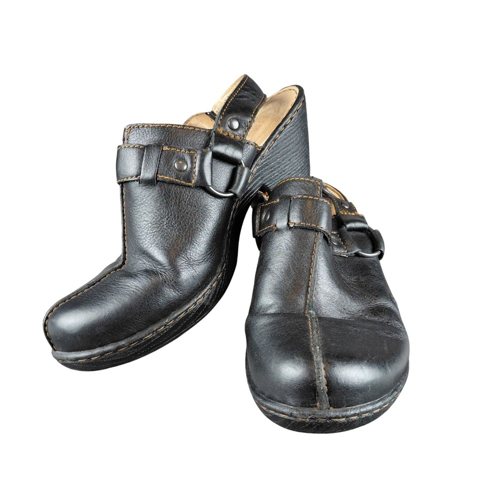 Born Black Leather Slingback Clog Buckle Block Heel Shoes 8 Womens‎ 39